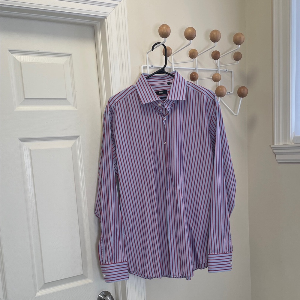 Hugo Boss - Vertical Striped Long Sleeve Button Top Shirt - Blue / Red - XL 17
